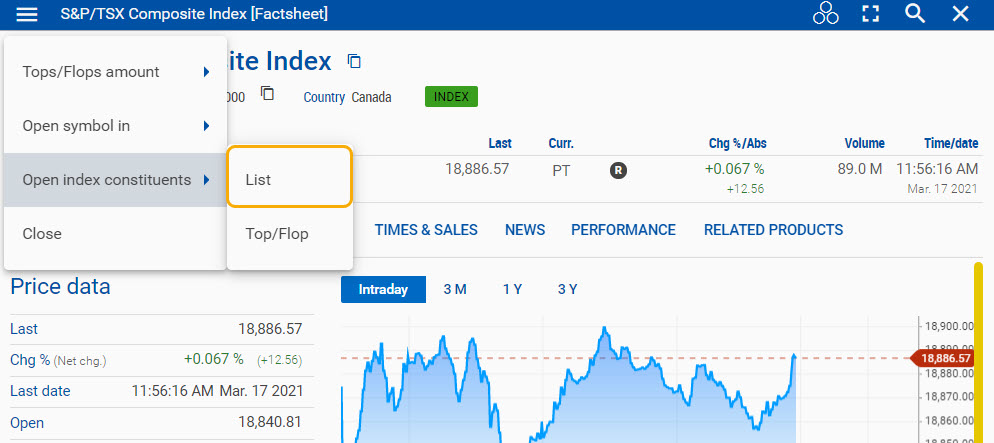 Screenshot highlighting the Index constituents option in the widget menu.